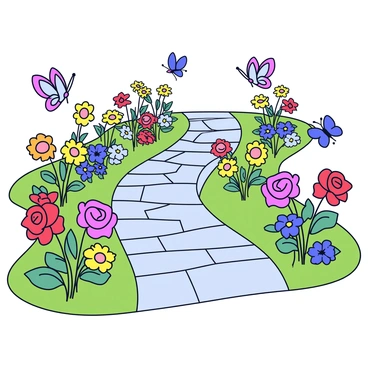 A charming garden path made of cobblestones, winding through the greenery. On either side of the path, there are neatly arranged flower beds filled with various colorful flowers, including red roses, yellow daisies, and blue pansies. Butterflies with vibrant wings are fluttering around the flowers, some are resting on the petals. The sunlight casts a soft glow on the scene, enhancing the vivid colors of the flowers and the delicate butterflies.