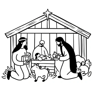 Three wise men, each adorned in elaborate robes, are kneeling inside a rustic stable. They are presenting gifts: one man holds a shiny gold ingot, another offers a small container of frankincense, and the third presents a vessel of myrrh. The stable is filled with straw, and in the background, there is a wooden manger with baby Jesus peacefully resting inside. Soft rays of light filter through the gaps in the wooden structure, illuminating the scene. A donkey and a sheep are quietly situated nearby, completing the setting.