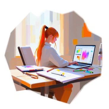Nami sitting at her desk, surrounded by art supplies, sketching designs for her illustration box.