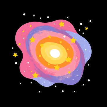 A vibrant galaxy with a central spiral structure filled with bright, swirling stars. Colorful nebulae in shades of pink, blue, and purple surround the stars, creating a dynamic and energetic atmosphere. The background is a deep black, emphasizing the brightness of the celestial objects. Tiny white dots scatter throughout, representing distant stars.