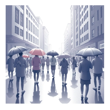 A city street filled with people walking in various directions. Many individuals are holding open umbrellas, some in vibrant patterns and others in classic designs. The surface of the pavement is slick and shiny from the rain, creating reflections of the umbrellas and nearby buildings. The street is lined with tall buildings, with windows showing hints of light from within. Raindrops are visible falling from the sky, contributing to the overall atmosphere of a rainstorm.