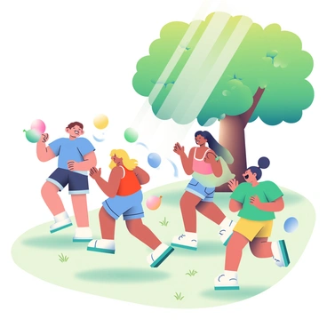 A group of four friends is running around a grassy backyard, engaged in a water balloon fight. Two friends, one with short brown hair and the other with curly blonde hair, are laughing as they throw water balloons at each other. The friend with brown hair is wearing a blue t-shirt and shorts, while the friend with blonde hair has on a red tank top and denim shorts. Another friend, with long black hair tied up in a ponytail, is crouching behind a large tree, holding a water balloon in her hand, ready to launch it at her friends. The fourth friend is running away, wearing a green shirt and yellow shorts, with a surprised expression as water splashes around them. Bright sunlight filters through the leaves of the trees, illuminating the scene and creating a playful atmosphere.