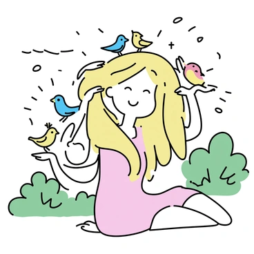 A woman with long, flowing blonde hair sits in a lush, green forest. Her hair is being gently held and arranged by several small, colorful birds perched around her. The birds have various vibrant plumage, including shades of blue, yellow, and red. The woman is wearing a simple, flowing dress in soft pastel colors. Sunlight filters through the trees, casting dappled light on her and the birds as they interact with her hair.
