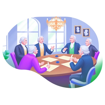 A detailed illustration of several founding fathers engaged in a debate around a grand, oval wooden table. The scene is filled with expressions of passion as they discuss important matters. Each figure is distinct, showcasing unique attire from the 18th century, such as waistcoats and frock coats. Papers and quills are scattered across the table, along with a few ink pots. In the background, large windows allow sunlight to stream in, illuminating the scene. Above the table, a classic chandelier hangs, enhancing the historical ambiance. The walls are adorned with framed portraits, adding to the scholarly atmosphere of the room.