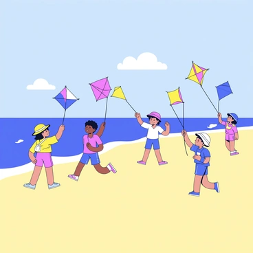 A wide sandy beach with light golden sand stretching across the scene. Multiple children, each with distinct features, are flying colorful kites of various shapes and sizes. Some kites are shaped like birds, while others are simple diamonds and squares. The children are dressed in bright summer clothing, with a couple wearing hats to shield themselves from the sun. In the background, the clear blue sky fills the upper part of the image, with a few fluffy white clouds scattered throughout. The ocean waves can be seen gently lapping at the shore.