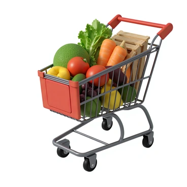 A shopping cart made of metal with a silver finish, filled with an assortment of fresh produce from a farmer's market. The cart contains vibrant red tomatoes, crisp green lettuce, bright orange carrots, and clusters of purple grapes. There are also yellow bell peppers and a few ripe avocados nestled among the other items. The setting can be suggested with hints of wooden crates and greenery in the background, implying a bustling market atmosphere. The produce is arranged neatly, showcasing its freshness and variety.