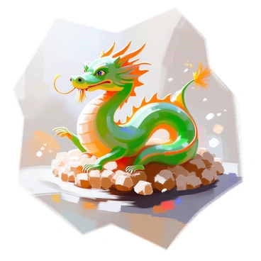 A mythical dragon composed of swirling green cendol jelly and rich, brown palm sugar is coiling through the air. Its body is elongated and the jelly has a glossy sheen, reflecting light beautifully. The dragon's head features sharp, ethereal eyes and long, flowing whiskers made from strands of palm sugar that gracefully trail behind it. The scales along its back shimmer in varying shades of green and brown, resembling the textures of the jelly and sugar. As it moves, the dragon leaves a trail of sparkling, sugary droplets in its wake, creating a magical atmosphere.