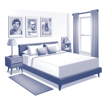A bedroom with a large bed featuring a neatly made comforter and several pillows arranged. The walls are covered with a series of "pop art posters," each showcasing iconic imagery and graphic designs. A bedside table holds a lamp with a unique shape. There is a rug on the floor, and an open window lets in natural light, illuminating the room. A small bookshelf is present, displaying various books and decorative items. The overall arrangement is cohesive and inviting.