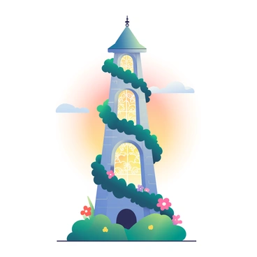 A tall, spiraling tower made of stone and covered in ivy is standing prominently in the foreground. The tower is adorned with large, arched windows that emit a warm, magical glow, illuminating the surrounding area. Each window features intricate designs, resembling lace, that filter the light beautifully. The structure tapers elegantly at the top, where a small, ornate spire reaches toward the sky. Lush greenery surrounds the base of the tower, with colorful flowers blooming in vibrant shades. The evening sky is painted with soft hues of orange and purple, casting a gentle light on the ethereal scene.