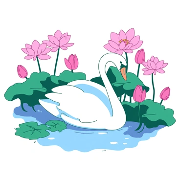 A white swan is gracefully resting among vibrant pink lotus flowers that are blooming on a serene pond. The swan's feathers glisten in the sunlight, contrasting with the deep green leaves of the lotus plants. The pond's surface reflects the colors of the flowers and the serene surroundings, creating a peaceful atmosphere. Soft ripples can be seen on the water, disturbed gently by a light breeze.