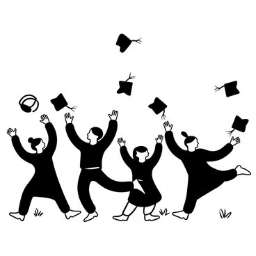 A group of graduates in caps and gowns gathered at Pratt Institute, with a backdrop of the campus buildings. They are in the process of throwing their caps into the air in celebration. Some graduates are jumping while tossing their caps, creating a dynamic scene. The ground is visible, showing a manicured lawn with a few scattered leaves. The sky above is clear, emphasizing the excitement of the moment.