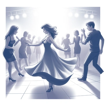 A lively dance floor filled with people enjoying music and dancing. In the center, a woman is spinning gracefully, wearing a flamboyant evening gown that flows around her. Bright lights illuminate the scene, casting dynamic shadows and creating patterns on the floor. The atmosphere is energetic, with others around her moving to the rhythm, some captured in mid-dance, showcasing various poses and expressions of joy.