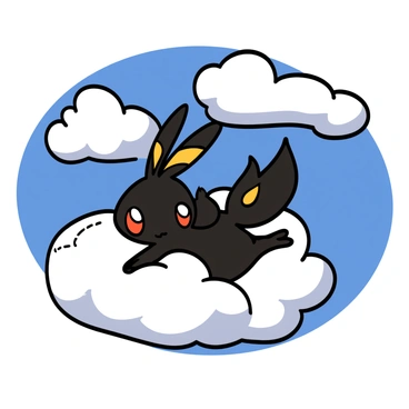 An Umbreon with sleek black fur and distinctive yellow rings is floating gracefully among fluffy white clouds. The sky in the background is a vibrant bright blue. The Umbreon has a serene expression, with its large yellow eyes sparkling in the sunlight. The clouds are soft and billowy, creating a dreamy atmosphere, while the sunlight casts gentle shadows on the Umbreon, enhancing its features.