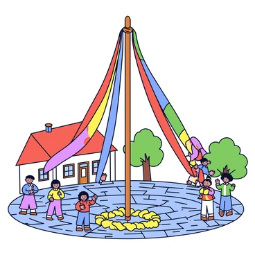 A tall traditional maypole with a wooden structure painted in bright colors. The maypole is adorned with long, flowing ribbons in shades of red, blue, yellow, and green, which cascade down from the top. The base of the maypole is decorated with a wreath of flowers. Surrounding the maypole is a cobblestone village square, with quaint cottages and trees in the background. A few villagers are gathered near the maypole, some holding the ribbons, ready to dance.