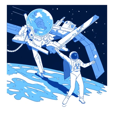 Two astronauts in sleek, modern spacesuits are conducting a spacewalk outside a futuristic space station. The space station features multiple angular structures and illuminated panels. Behind the astronauts, the Earth is visible, showcasing blue oceans and swirling white clouds. One astronaut is reaching out to adjust a panel on the station, while the other is tethered nearby, observing the breathtaking view of the planet below. The scene is bathed in the contrast of deep black space and the vibrant colors of Earth.