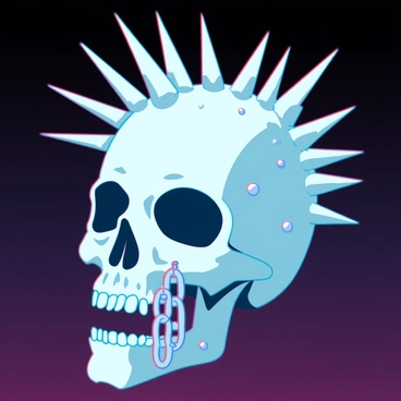 A detailed skull with a glossy, white surface, featuring elaborate spiked hair that extends upward, giving it a rugged look. The skull is adorned with various punk accessories, including metallic chains hanging from its jawline and studs embedded into its surface. The eye sockets are deep and dark, enhancing the intense expression of the skull. The background is a gradient of dark colors, creating a contrast that highlights the skull and its accessories.