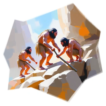 A group of Neanderthals is navigating a steep and rocky path with determination. The first Neanderthal, with a robust build and thick brow, is carefully climbing over large boulders, using a sturdy branch for support. Another Neanderthal, slightly behind, has a focused expression as he grips a jagged rock, looking ahead at the challenging terrain. The third Neanderthal, with a weathered face and long hair, is crouching to examine the ground for stable footing. The surrounding environment features rugged cliffs and sparse vegetation, creating a sense of both challenge and perseverance in their journey.