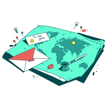 A teal map is spread out on a wooden table, with two letter envelopes positioned on opposite sides. One envelope, adorned with "To Alex," is placed on the left side and has a red wax seal. The other envelope, labeled "To Jamie," is on the right and features a yellow sun sticker. A teal fountain pen lies between the two envelopes, with a small inkwell beside it. Scattered around the map are colorful push pins marking various locations, giving a sense of adventure and connection between the two friends.