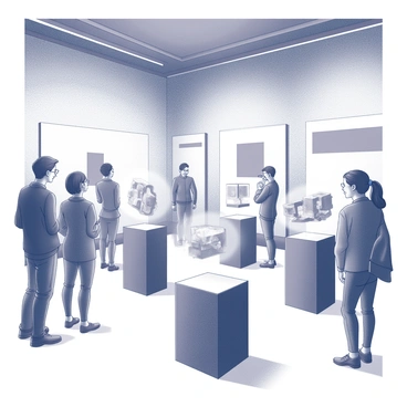An art exhibition space filled with futuristic art pieces displayed as holograms. The exhibition features several hovering three-dimensional artworks that change shape and form. Each holographic display is set on sleek, minimalistic pedestals made of glass. Visitors are gathered around, observing the artworks with expressions of curiosity and intrigue. The ambient lighting casts soft shadows on the polished floor, enhancing the visual impact of the holograms. The walls of the exhibition space are adorned with abstract patterns, providing a dynamic backdrop to the innovative pieces being showcased.
