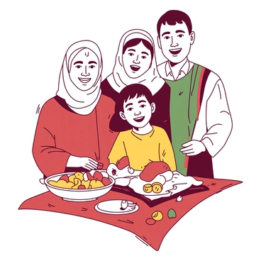 A family of four is standing together in front of a beautifully decorated Haft-Sin table. They are smiling happily at the camera, showcasing their joy. The table is adorned with vibrant items such as "sabzeh," "samanu," and "senjed," each placed carefully on a colorful cloth. There are also "sekeh" coins and painted eggs adding to the festive display. The family members are dressed in traditional clothing, enhancing the celebratory mood of the scene. The background is softly blurred to emphasize the family and their joyful moment.