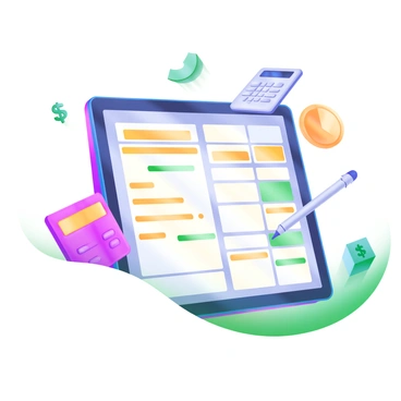 A modern pastel illustration featuring a tablet displaying a digital ledger on its screen. The ledger is filled with various financial entries, some highlighted in bright yellow to draw attention. Surrounding the tablet are several icons, including a calculator, a dollar sign, and a pie chart, all in soft pastel colors. The background is minimalistic to keep the focus on the tablet and its vibrant financial details.
