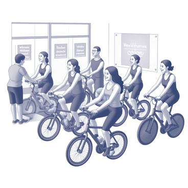 A room filled with people engaged in an indoor cycling class. Cyclists are on stationary bikes, showing varying levels of intensity in their workouts. Some participants share smiles and encouragement, while others focus on their performance. The space is decorated with banners promoting wellness and fitness, creating an energetic atmosphere. Water bottles and towels are placed on the bikes, indicating readiness for exercise. In the background, an instructor is leading the class, demonstrating cycling techniques and motivating the participants. The overall scene conveys a sense of community and support among the attendees.