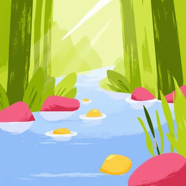 A mystical creek flowing through a dense forest, surrounded by tall, green trees with detailed bark. The water in the creek is sparkling, reflecting light in various shades of blue, creating a shimmering effect. Colorful stones in red, yellow, and green are scattered along the creek bed, partially submerged in the clear water. Small plants with vibrant leaves grow beside the creek, adding to the lush environment. Sunlight filters through the tree canopy, casting dappled light on the water's surface.