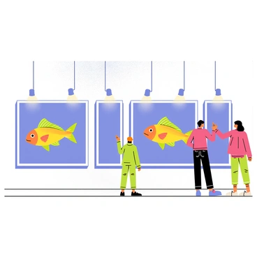 A section of an art gallery wall displaying multiple vibrant paintings of "mahi-mahi." Each painting features a colorful depiction of the fish swimming in a blue ocean background. The frames of the paintings are sleek and modern, contrasting with the textured wall, which is painted in a soft white color. Spotlights illuminate each artwork, highlighting the details of the mahi-mahi, including their distinctive iridescent scales and flowing fins. Visitors can be seen admiring the artwork, pointing and discussing the different styles of the paintings.