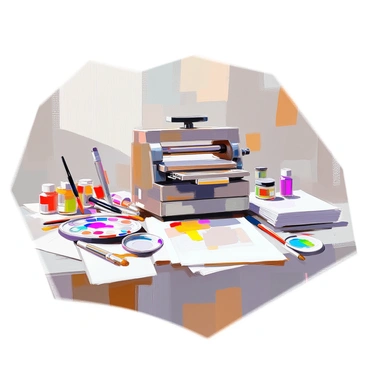 A tabletop covered with various lithography tools and supplies. There is a large metal lithograph press at one end, surrounded by several sheets of textured paper. Brushes of different sizes, tubes of ink in vibrant colors, and a palette with mixed paint are scattered across the surface. A few etched plates are placed next to a cutting tool, and a stack of clean, blank sheets is neatly arranged in one corner. The arrangement showcases the intricate equipment used for the lithography process.