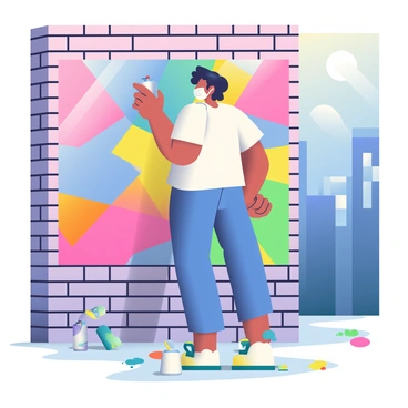 An artist with dark hair is spray painting a vibrant mural on a large brick city wall. The mural features colorful geometric shapes in shades of blue, pink, and yellow, creating a lively design. The artist is wearing a white t-shirt and blue jeans, with a paint mask covering their face. In their right hand, they are holding a spray can, while their left hand is positioned on the wall for support. Nearby, there are several other spray cans scattered on the ground in various colors, and the area around the wall is covered in paint splatters. Bright sunlight casts shadows from nearby buildings, adding depth to the urban environment.