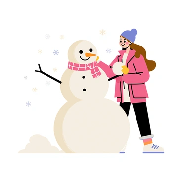 A cartoon girl with long brown hair wearing a pink winter jacket and a blue beanie is building a snowman. The snowman has a round body made of three large snowballs. It features a bright orange carrot nose and is wrapped in a red and white checked scarf. The girl is smiling and holding a snowball in her hands, ready to place it on the snowman's head. Snowflakes are gently falling around them, creating a wintery atmosphere.