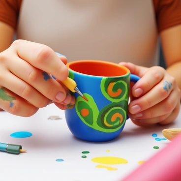 A close-up of hands carefully applying colorful paint to a clay mug. The fingers are adorned with paint smudges, showcasing the artistry of the work. The mug features intricate, swirling patterns being painted in vibrant hues of blue, green, and yellow. The background is blurred, focusing entirely on the hands and the mug, emphasizing the details of the craftsmanship. A few paintbrushes are placed nearby, adding to the creative atmosphere.