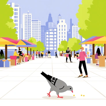 A gray pigeon with iridescent feathers is pecking on small crumbs scattered on the cobblestone ground. The bustling city square is filled with people walking in various directions, with a variety of colorful umbrellas from nearby cafes. There are benches with a few people sitting, enjoying their drinks. In the background, tall buildings create a vibrant urban skyline under a clear blue sky. Some trees line the square, providing patches of shade.