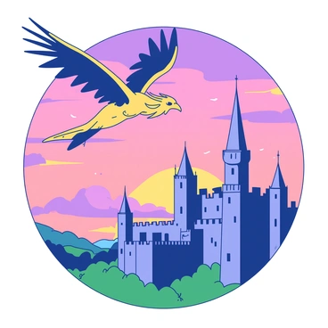 A mythical griffin with golden feathers and deep blue wings is soaring gracefully in the sky above a medieval castle. The castle, made of gray stone, features tall towers and battlements, silhouetted against the vibrant hues of the sunset. Soft clouds are scattered across the sky, reflecting the warm colors of the setting sun. Below, the lush green landscape surrounding the castle adds depth to the scene, while the griffin glides effortlessly, its sharp eyes scanning the ground.