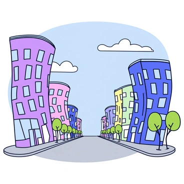 A city street where buildings are bending and twisting in unconventional ways