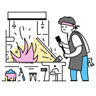 A blacksmith, wearing a leather apron and a bandana, is focused on shaping a glowing sword on an anvil. He is using a hammer to strike the metal, creating sparks that fly in the air. The workshop around him is filled with various tools, including hammers, tongs, and a forge. A large, glowing furnace is emitting red-hot embers, illuminating the space with a warm glow. Shadows of tools and the blacksmith play across the stone walls of the workshop.