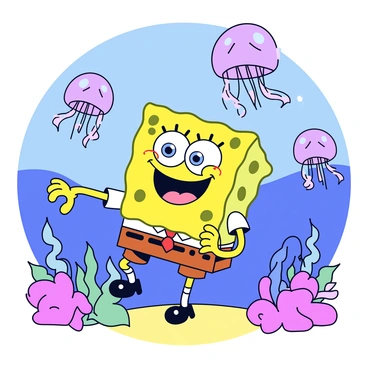 SpongeBob SquarePants is in a lively underwater scene. He is holding his belly and laughing uncontrollably, with his mouth wide open and bright eyes sparkling with joy. Surrounding him are several jellyfish in various sizes and colors, gracefully floating through the water. The background is filled with colorful coral and waving seaweed, adding to the vibrant atmosphere of the ocean.