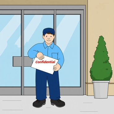 A mailman with light skin and short brown hair is wearing a blue uniform with a cap. He is holding an important white envelope that has the word "confidential" printed in bold red letters across the front. The mailman is standing at the entrance of a modern office building, with large glass doors and a polished stone facade. He is in the process of gently placing the envelope into a mail slot near the door. In the background, there are tall plants placed on either side of the entrance, enhancing the lively atmosphere of the scene. The sun is shining brightly, casting soft shadows on the ground.