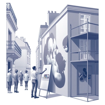 A street artist is in the process of painting a large mural on the side of a building in a narrow Paris alley. The artist is focused on the artwork, with paintbrush in hand and a palette of colors nearby. The building is covered in scaffolding, showcasing the intricate details of the mural being created. The surrounding architecture features classic Parisian elements such as wrought-iron balconies and stone facades, adding to the atmosphere of the scene. Onlookers gather nearby, watching the artist at work and admiring the evolving mural.