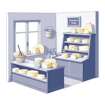 A quaint cheese shop with wooden shelves filled with various cheeses. The shelves are stocked with multiple rounds of "Camembert," alongside other local specialties. The shop features a small wooden counter with a cash register on top, and a chalkboard sign displaying daily specials hangs above. A large window provides natural light, illuminating the rich textures of the cheeses. There are decorative elements such as baskets and cheese knives arranged neatly around the store.