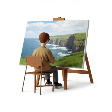 An illustrator with short brown hair, wearing glasses and a comfortable sweater, sits at a wooden easel. They are focused on drawing a scenic view of the "Cliffs of Moher" from a viewpoint. The cliffs rise dramatically from the ocean, showcasing rugged rock formations and vibrant green grass. Below, waves crash against the base of the cliffs, creating a frothy white foam. The sky is partly cloudy, with sunlight streaming through the clouds, casting soft shadows across the landscape. The illustrator's drawing features the cliffs with intricate details, capturing the natural beauty of the scene.