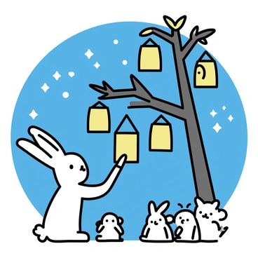 A hare with long ears and a fluffy tail is hanging glowing lanterns shaped like moons from the branches of a tall tree. The tree has a thick trunk and numerous leafy branches reaching outwards. The lanterns emit a soft light, casting gentle shadows on the ground below. The night sky is deep blue, dotted with small stars shining brightly. A few other small animals are gathered nearby, watching the hare as it works. The atmosphere is lively with curiosity and anticipation.