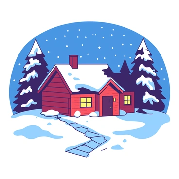 A cozy cabin with warm glowing lights is nestled in a snowy landscape. The cabin has a red wooden exterior with a sloping roof, covered in a thick layer of white snow. Surrounding the cabin are tall, snow-laden pine trees, their branches heavy with white flakes. Magical snowfall descends softly from a blue night sky, creating a serene atmosphere. The ground is blanketed in pristine white snow, with gentle ridges and undulations. Soft light emanates from the cabin’s windows, casting a warm yellow glow onto the surrounding snow. A small path leads from the cabin door into the snowy woods.