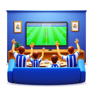 A group of fans watching a Real Madrid game on their devices at home. The fans are gathered in a living room, sitting on a comfortable couch, with a large screen displaying the match. They are wearing Real Madrid jerseys and scarves, showing their support for the team. Each fan has a look of excitement on their face as they cheer enthusiastically, raising their hands in celebration. Snacks and drinks are spread across the coffee table in front of them. The room is decorated with football memorabilia, including posters and banners.