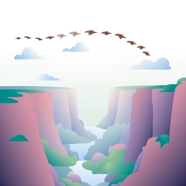 A flock of birds is flying in a precise V-formation above a vast chasm. The chasm stretches wide, revealing rocky cliffs on either side. The sky is a soft blue, with a few fluffy white clouds scattered throughout. The birds are various shades of brown and gray, their wings outstretched as they soar gracefully. The landscape below is a mix of rugged terrain and patches of green vegetation, emphasizing the scale of the chasm. The sunlight casts gentle shadows on the rocks, highlighting the textures of the cliffs.