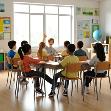 A diverse group of students sitting at wooden desks in a bright Canadian classroom. They are engaged in a discussion about environmental protection, with some students raising their hands to contribute ideas. The classroom walls are adorned with colorful posters featuring images and facts about conservation, recycling, and wildlife protection. Natural light floods in through large windows, highlighting a globe and various educational materials on a nearby shelf. The students are equipped with notebooks and pens, reflecting a lively and interactive learning environment.