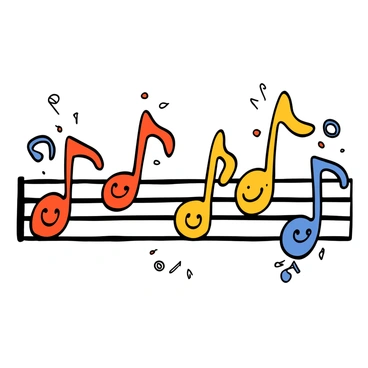 A series of colorful musical notes with exaggerated features are playfully dancing across a black staff. Each note has smiling faces and vibrant colors, such as bright red, sunny yellow, and cool blue. The staff is set against a white background, enhancing the lively appearance of the notes. Some notes are leaping high, while others are swirling around in a joyful manner, creating a sense of movement and harmony.