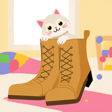 A cute kitten with fluffy fur and bright green eyes is playfully nestled inside a pair of oversized brown leather boots. The boots are slightly scuffed and have a rugged texture, with laces loosely tied. The kitten has its paws stretched out, peeking over the edge of the boot, creating an adorable expression. Soft, warm sunlight filters in, highlighting the kitten's playful demeanor and casting gentle shadows around the scene. The background features a cozy indoor setting with a colorful knit blanket and a few scattered toys.