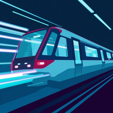 A sleek, futuristic metro train is racing through a dark tunnel. The interior of the train is illuminated with soft blue lights, creating a contrast with the outside darkness. Through the window, streaks of light blur past as the train picks up speed. The tunnel walls are lined with smooth, metallic surfaces, reflecting the light in a dynamic manner. There are faint digital displays and indicators visible inside the train, showing speed and direction information. A sense of motion is captured by the rapidly changing light patterns outside, emphasizing the speed of the train.