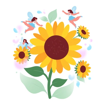 A group of tiny fairies with delicate wings is playing among the petals of a large sunflower. The sunflowers are vibrant yellow, with intricate details in the petals and a textured center. The fairies are wearing colorful outfits made of flower petals and leaves, each one with a unique design. They are flying and dancing joyfully around the sunflower, some are perched on the edges of the petals. In the background, there are other sunflowers dotted around, creating a lush garden atmosphere. The overall scene is filled with a sense of whimsy and vibrant colors, capturing a magical moment in nature.